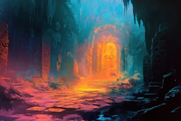 Fototapeta premium A Glowing Portal in a Mystical, Stone-Filled Cave