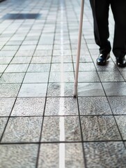 A person with a cane, navigating the city streets while being assisted by a mobility aid.
