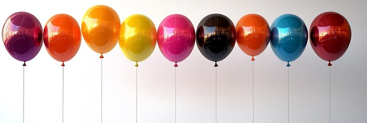 A playful arrangement of glossy balloons in bold colors suspended against white