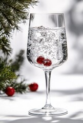 Obraz premium Refreshing Sparkling Water with Red Berries in Elegant Glass Surrounded by Festive Greenery Against a Bright Background