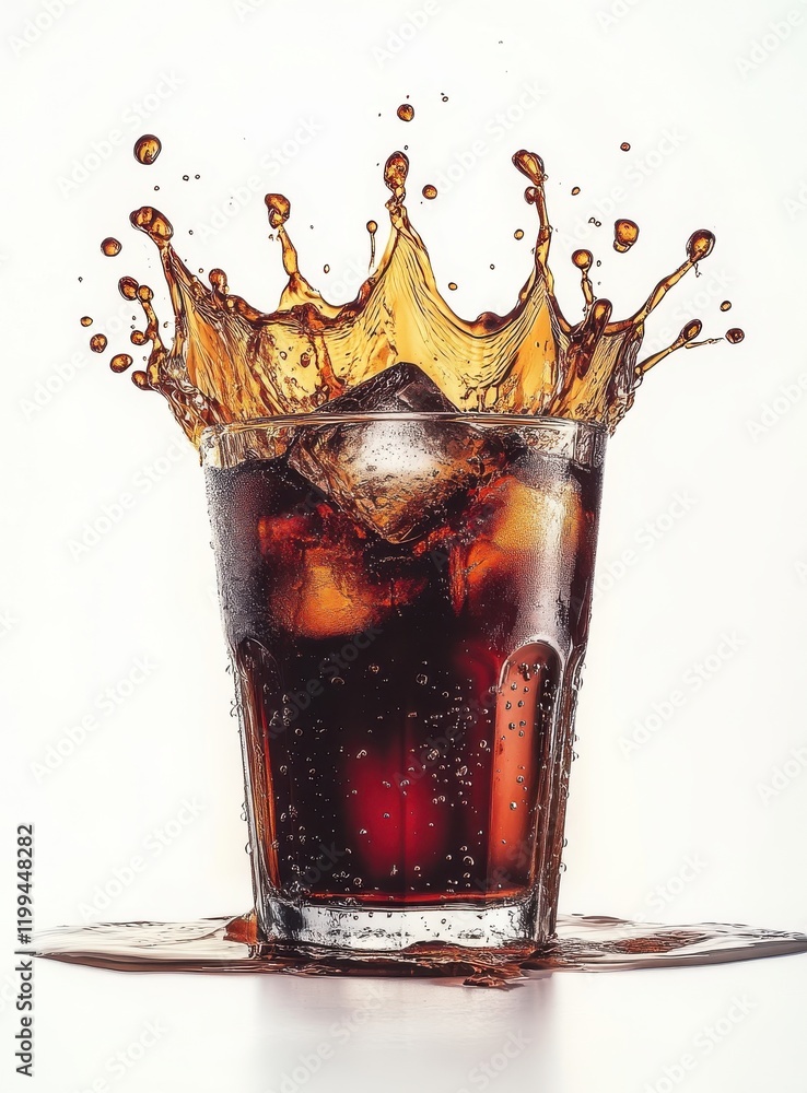 Aufkleber refreshing splash of cola with ice cubes creating a dynamic water crown effect against a minimalist 