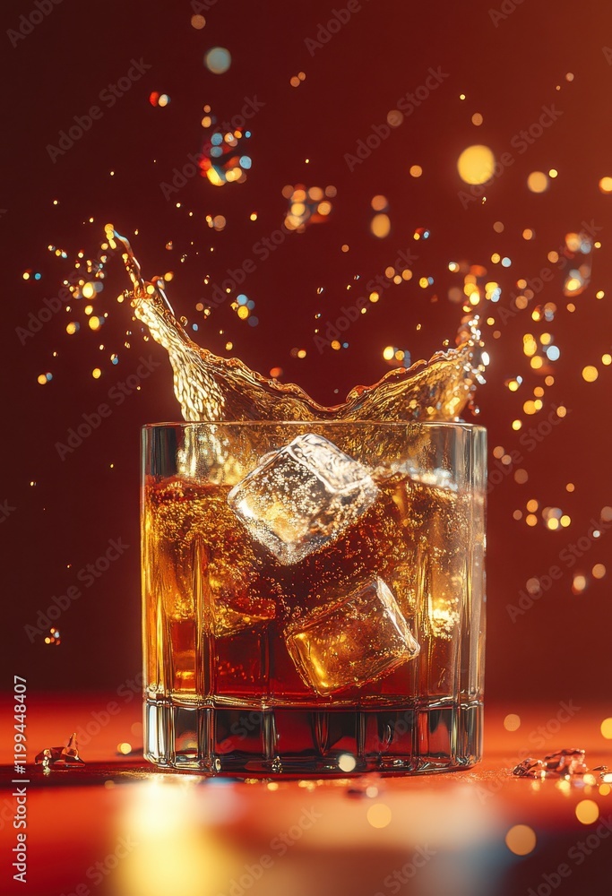 Poster refreshing splash of beverage with ice cubes in whiskey glass captured in dynamic motion amidst a so
