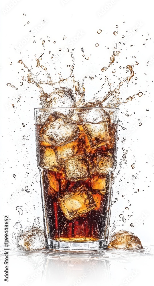 Poster refreshing splash of cold carbonated beverage with ice cubes, capturing the joy of summer and hydrat