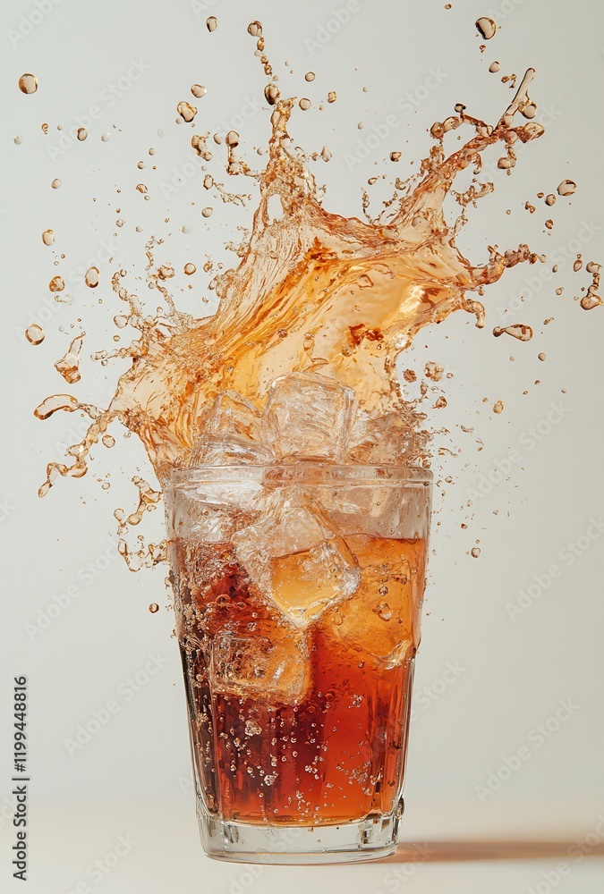 Poster refreshing splash of cold beverage with ice cubes in a glass creating dynamic water drops against a 