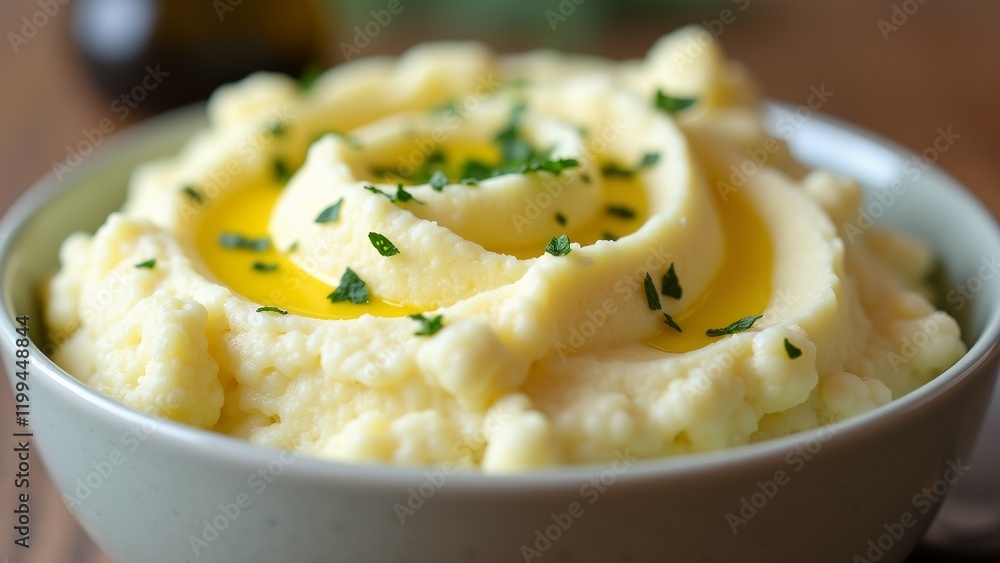 Poster the image is a close-up of a bowl of mashed potatoes. the mashed potatoes are creamy and have a smoo