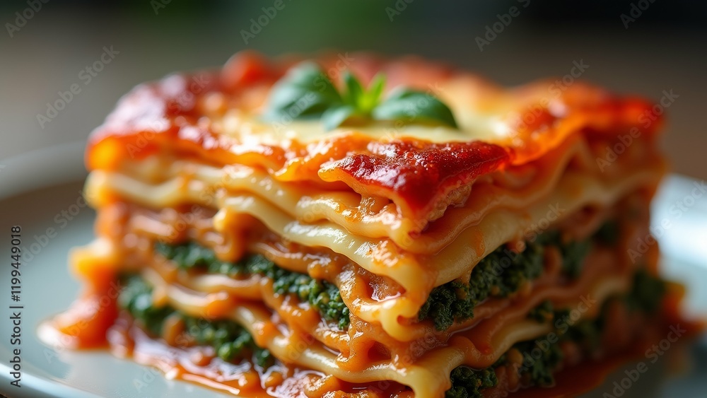 Poster the image is a close-up of a slice of lasagna on a white plate. the lasagna is layered with layers o