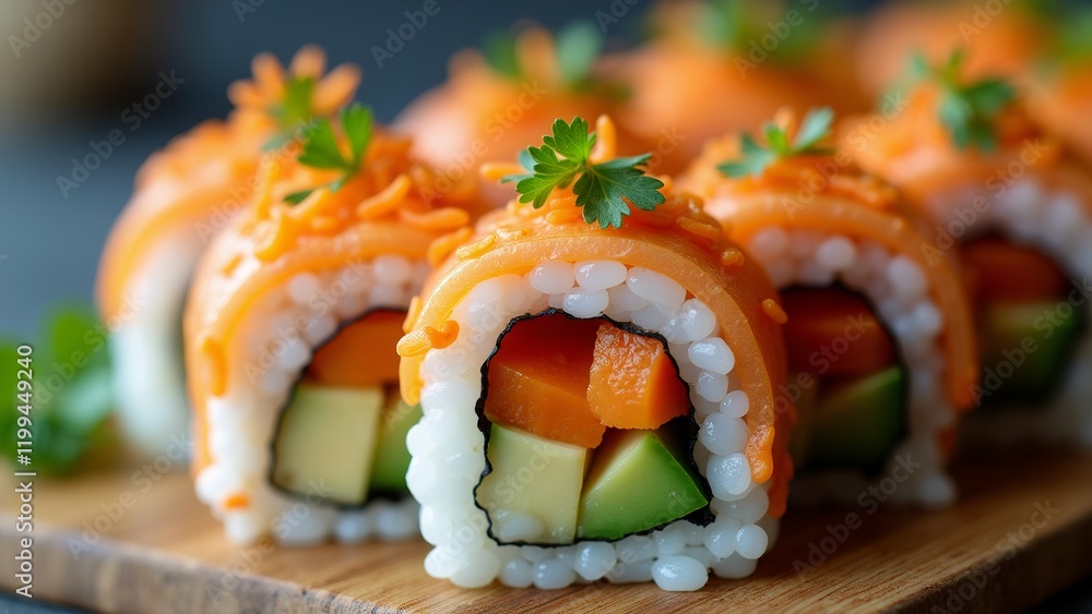 Poster the image shows a group of sushi rolls on a wooden cutting board. the sushi rolls are arranged in a 
