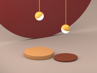 Neutral background for product presentation with shadows and light. Empty podiums in ocher colors. Primitives forms. 