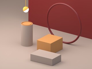 Neutral background for product presentation with shadows and light. Empty podiums in ocher colors. Primitives forms. 