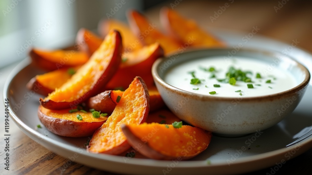 Poster the image shows a plate of sliced sweet potatoes on a wooden table. the sweet potatoes are arranged 