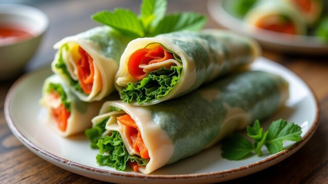 The image shows a plate of rolled up spring rolls on a wooden table.