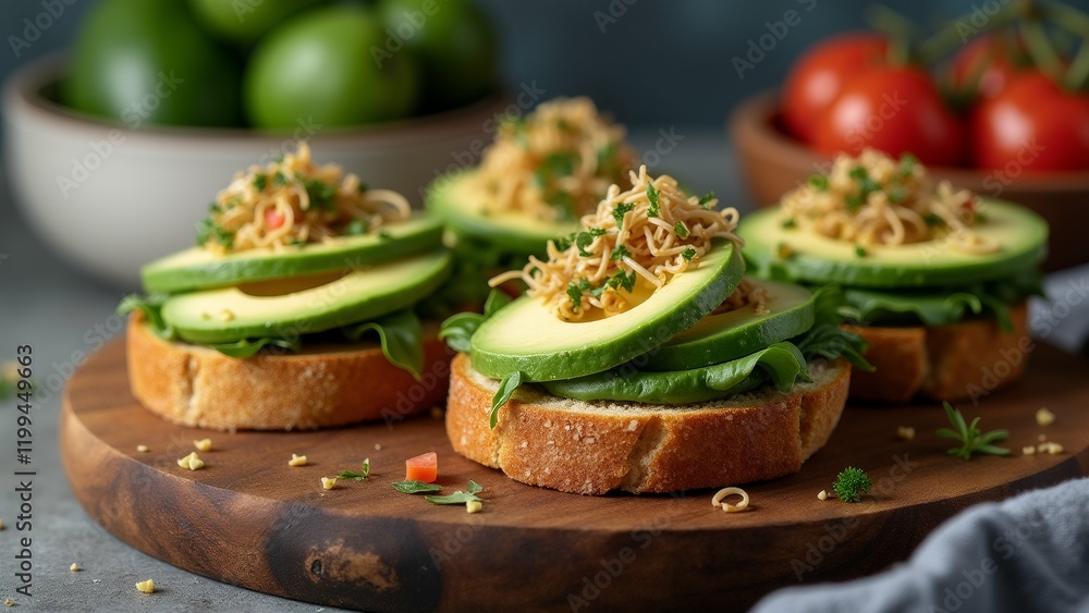 Poster the image shows a wooden serving board with four slices of bread on it. on top of the bread, there a