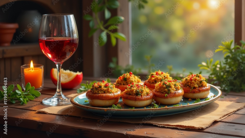 Poster the image shows a wooden table with a plate of appetizers and a glass of red wine on it. the plate i
