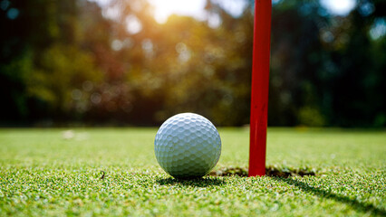 Golf ball on green grass in the evening golf course with sunshine background.