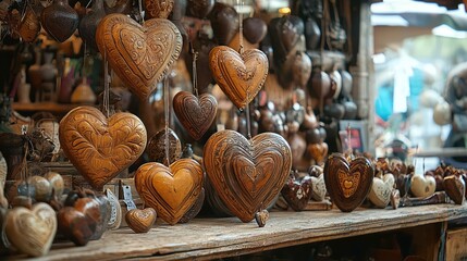 Hand Carved Wooden Hearts Hanging Rustic Market Stall