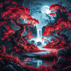 Fototapeta premium Mystical Fantasy Riverscape with Glowing Red Trees and Moonlit Waterfall in a Serene Square Scene