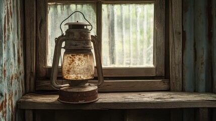 Vintage Lantern by Window in Rustic Setting