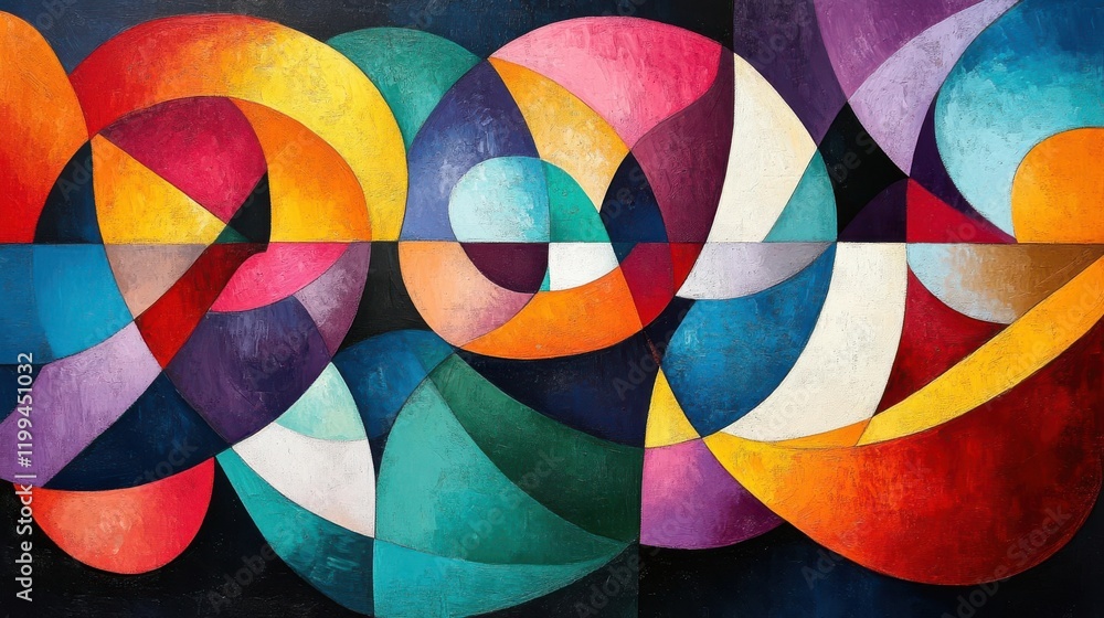 Poster a vibrant abstract painting featuring colorful geometric shapes and curves, creating a dynamic visua