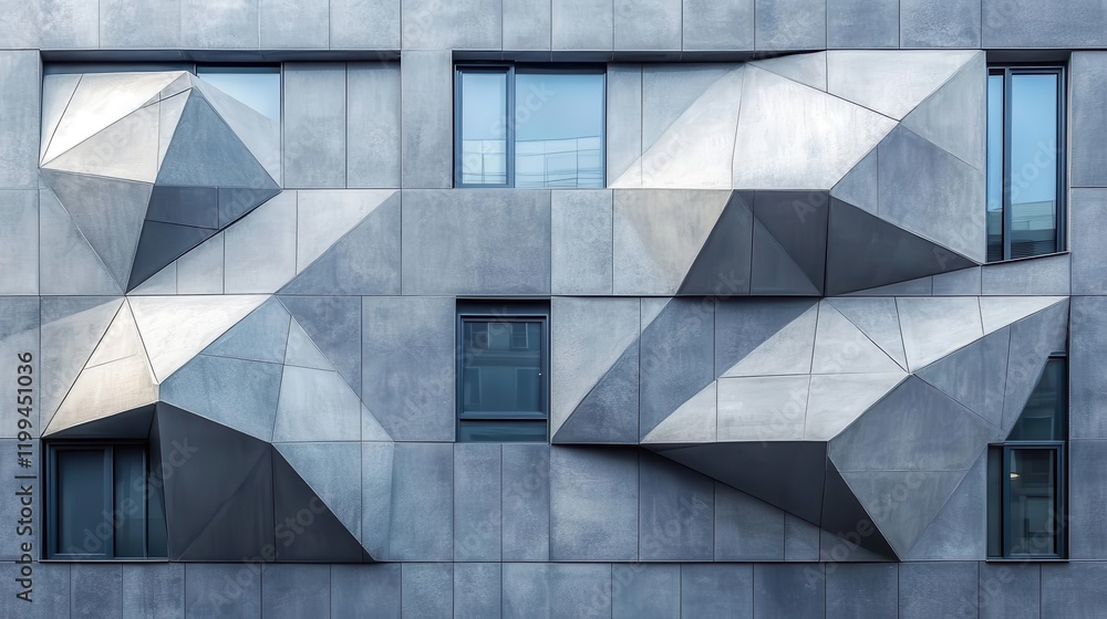Poster a modern building facade featuring geometric, angular shapes and textured concrete surfaces, blendin