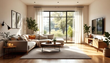 Serene Modern Living Room with Natural Light and Lush Greenery