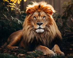 Serene Lion Resting in Lush Savannah - Generative AI