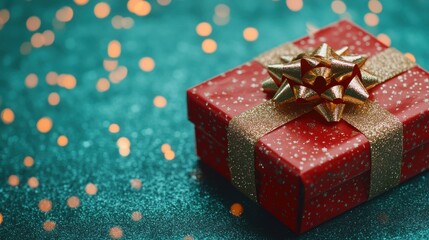 Obraz premium A vibrant red gift box adorned with a golden bow sits on a sparkling teal background, evoking festive cheer and celebration.