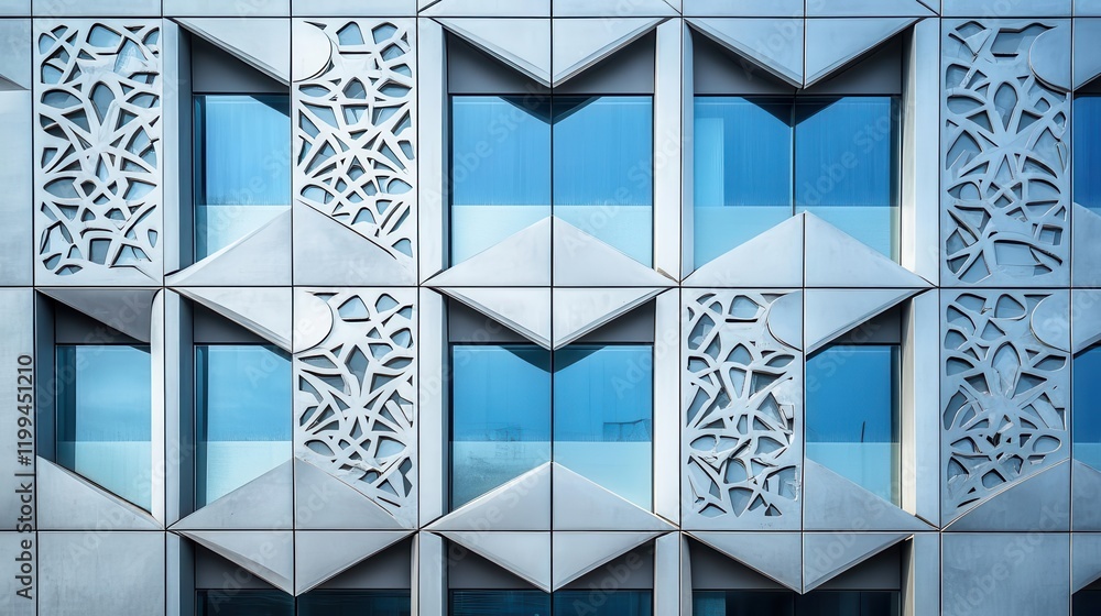 Aufkleber a modern building facade featuring geometric patterns and decorative elements around large windows, 