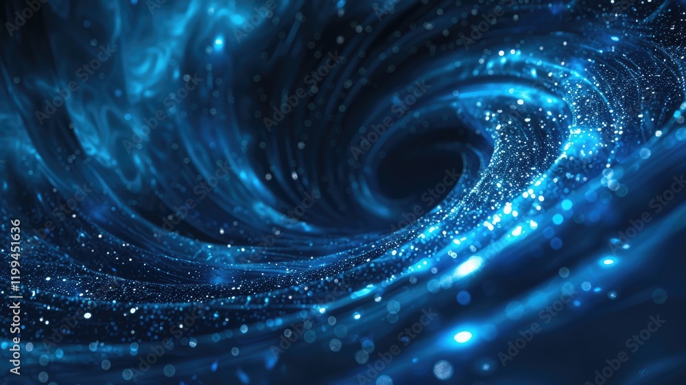 Poster Explore this stunning abstract digital animation featuring a vibrant blue background. The mesmerizing swirl and sparkling elements create a captivating visual experience.
