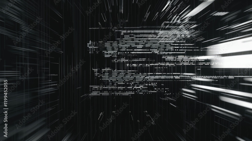 Fototapete Abstract of complex glitch with pixel effect in dark background use shading and monochrome to express mysterious design or complexity through tiny object convey sense of horror digital scene. AIG53.