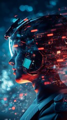 Futuristic cyborg profile, digital overlay.