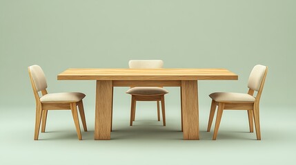 Contemporary dining table with smooth wooden surface and four cushioned chairs, with a soft green backdrop.