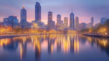 Fototapeta premium A stunning twilight view of a city skyline reflecting on water, illuminated by lights, showcasing the beauty of urban architecture.