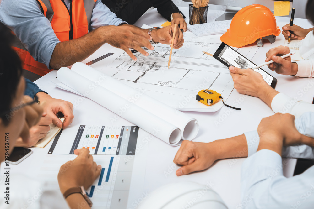 Poster diverse group of civil engineer and client working together on architectural project, reviewing cons