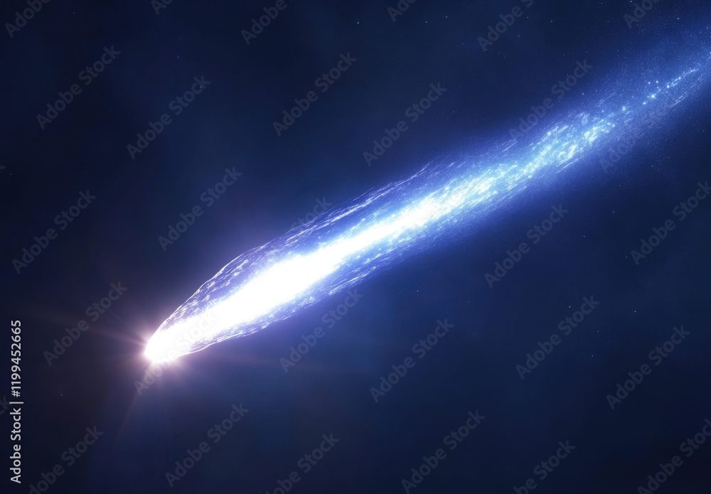 Poster a blue beam of light shines on the dark background, a long and straight white comet tail extending f