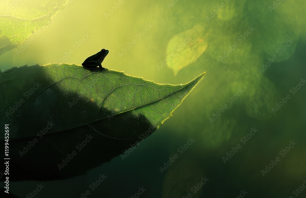 Poster a small frog sitting on the edge of a leaf, bathed in soft sunlight, creating a silhouette effect ag