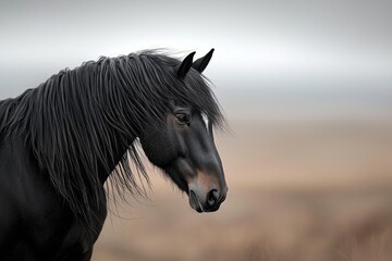 A close-up of a majestic black horse with flowing mane, set against a muted background that enhances its elegant features.