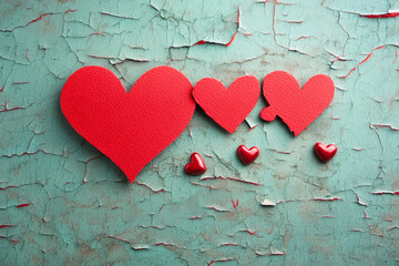 Large red hearts and smaller heart shapes on textured turquoise background create romantic atmosphere, perfect for Valentine Day or love themed designs
