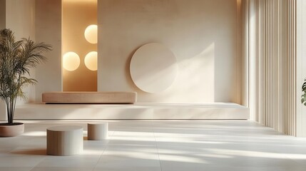 A serene, minimalist interior featuring soft lighting, circular shapes, and natural elements, creating a calm and inviting atmosphere.