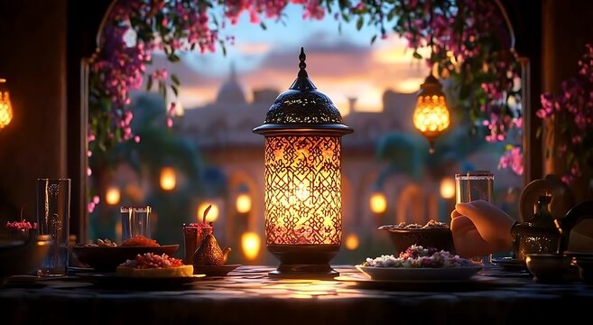 Ornamental Arabic lantern with burning candle glowing at night and glittering golden bokeh lights. Festive greeting card, an invitation for the Muslim holy month Ramadan Kareem.