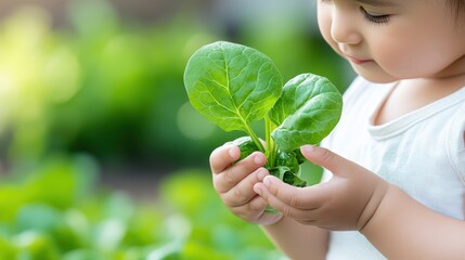 Little hands exploring fresh baby spinach in a vibrant garden