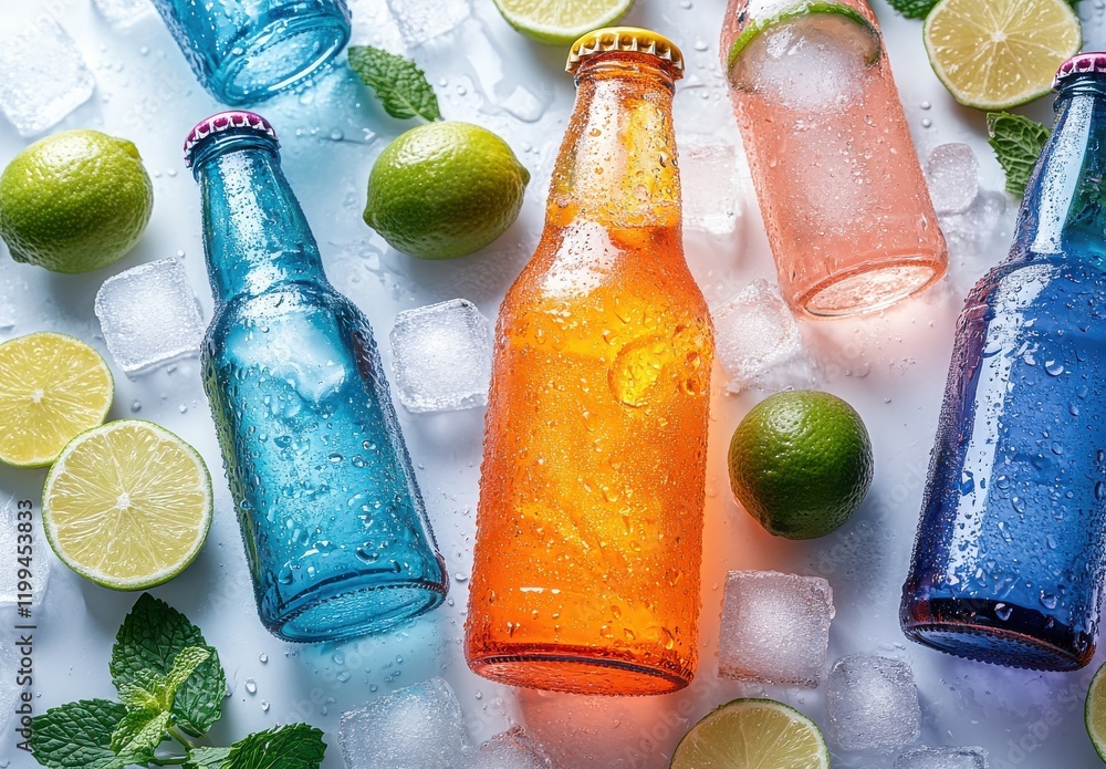 Poster refreshing variety of colorful bottled drinks with lemon and lime slices surrounded by ice and fresh