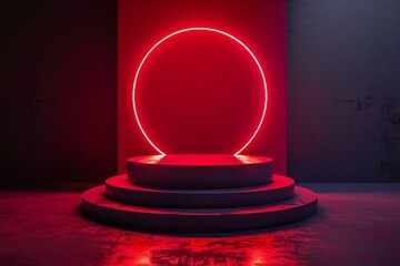 Empty podium illuminated by round red neon light creating a vibrant and futuristic backdrop