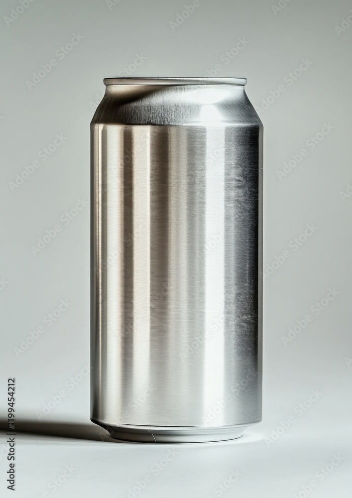 Poster sleek and modern aluminum beverage can standing on a minimalistic background displaying a shiny meta