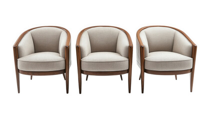 Fototapeta premium Elegant Modern Walnut Armchairs Set of Three Beige Upholstery Mid Century Design