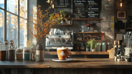 Fototapeta premium A cozy cafe scene featuring a cup of coffee on a wooden table, with a backdrop of a barista station and decorative plants.