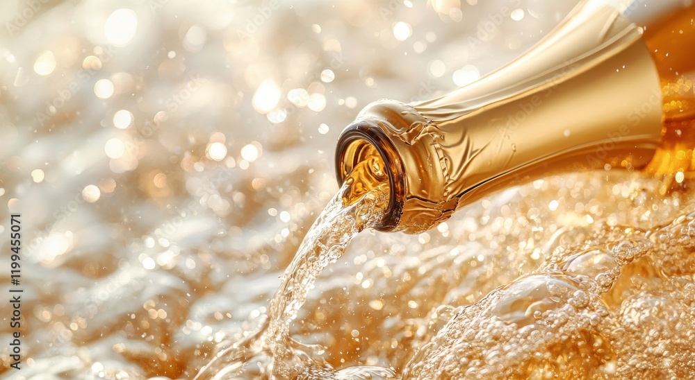 Poster sparkling champagne bottle with bubbling fizz surrounded by glimmering bokeh lights in an elegant ce