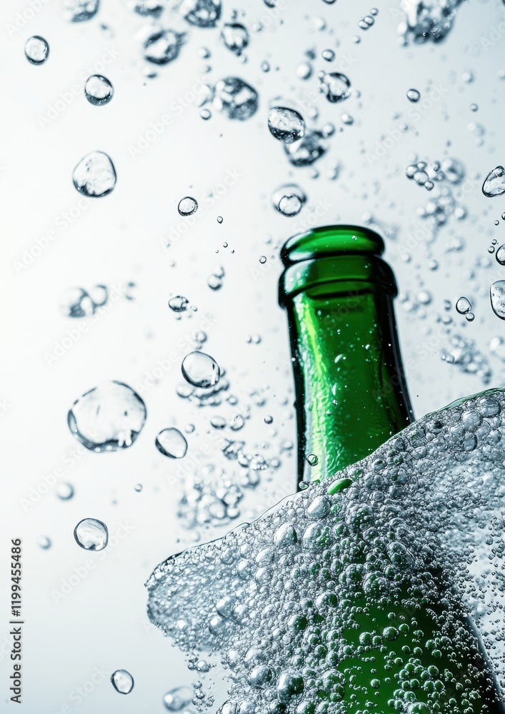 Poster Sparkling Green Beer Bottle Surrounded by Bubbles with Dynamic Water Splash and Bright Background in a Refreshing Beverage Concept