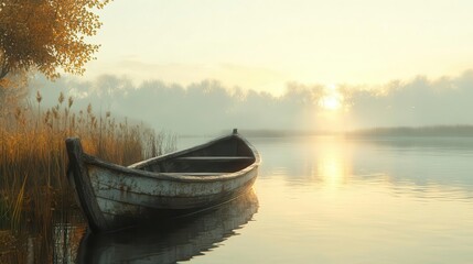 Obraz premium A tranquil scene of a wooden boat on calm water at sunrise, surrounded by gentle reeds and soft mist.