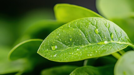 Fresh green spinach leaves glistening with morning dew in sunlight