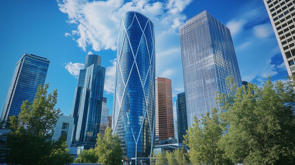 Fototapeta premium 近代的な高層ビル群と熱帯植物が調和する都市風景